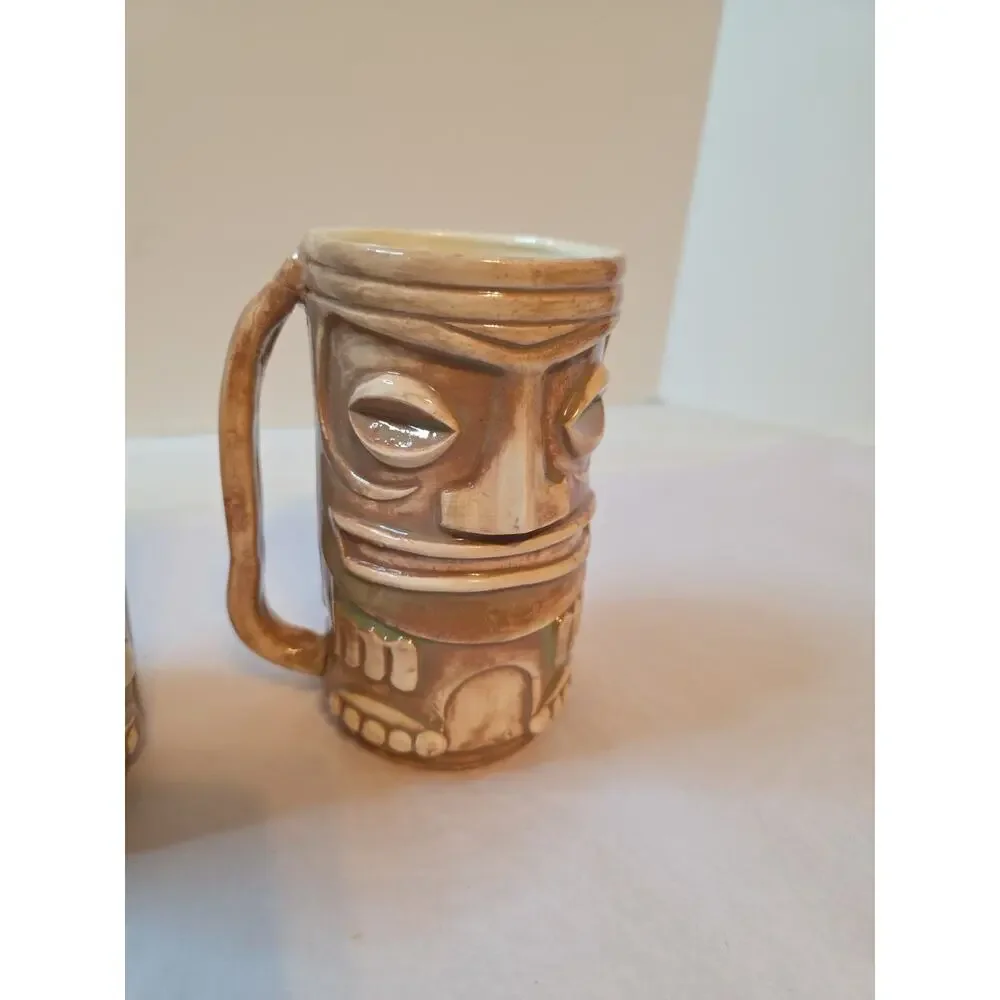 2 Vintage Ceramic Tiki Mugs with Handles 5.5